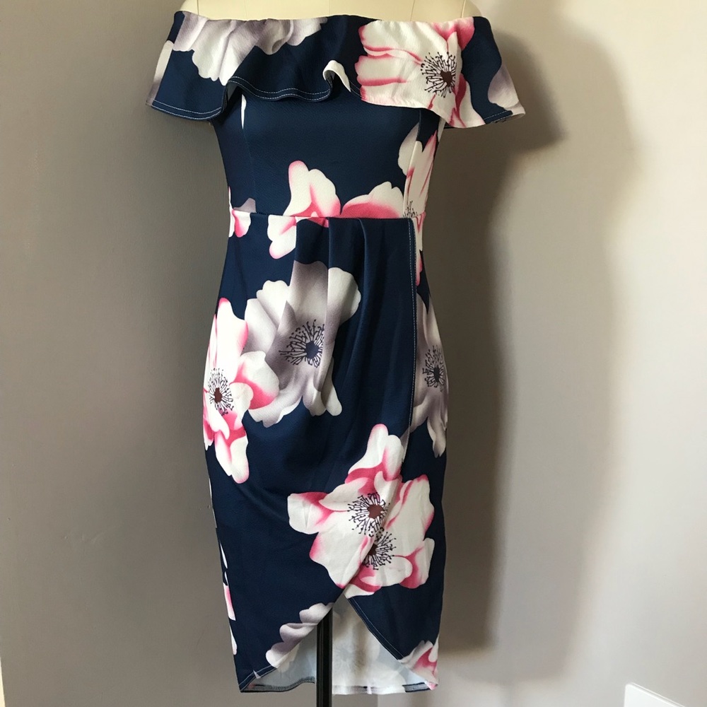 Test Floral Blue/Pink Off-Shoulder Wrap Dress Sz S